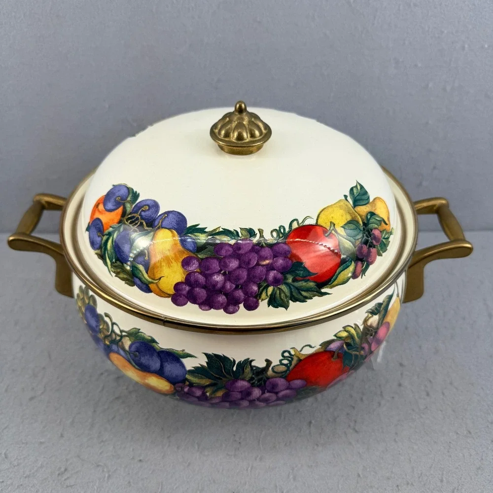 Vtg Enamel Dutch Oven Casserole Orchard Fruit Pattern Brass Handles Pristine 10